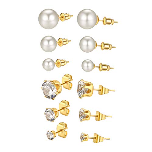 Sieraden roestvrij stalen oorbellen Studs Pack voor mannen Vrouwen, Eenvoudige Solid Geometrische oorbellen Sets, Goud/Zwart/Parel/CZ Kartel Tragus Oorbellen sieraden met geschenkdoos, Roestvrij stalen parel Cubic Zirconia
