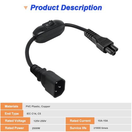 Voedingsadapterkabel IEC 320 C14 stekker naar C5 stopcontact met aan/uit schakelaar (2 packs, 1 ft/30 cm)