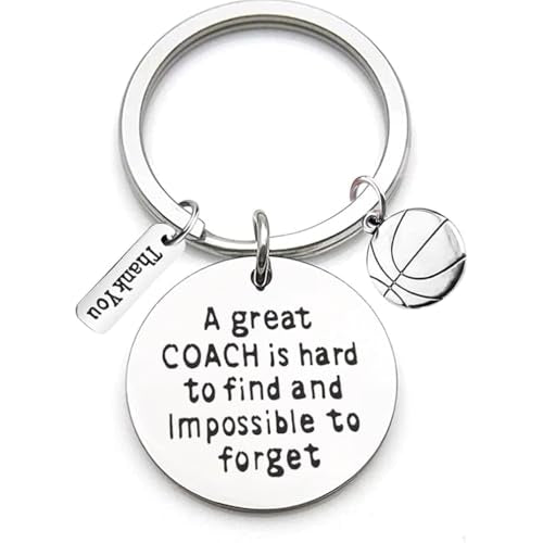 Stainless Steel Keyring met graveren "Een grote coach is moeilijk te vinden en onmogelijk te vergeten" en Basketbal Ornament Key Ring Teacher Coach Keychain Gift voor lerarendag, zilver, M, zilver