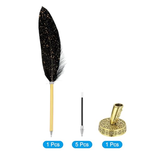 Black Feather Ballpoint Pennen Bulk, metalen houder Zwarte inkt Vintage Quill Schrijven Pennen met 5 stuks vullen voor Office, bruiloft handtekening 3