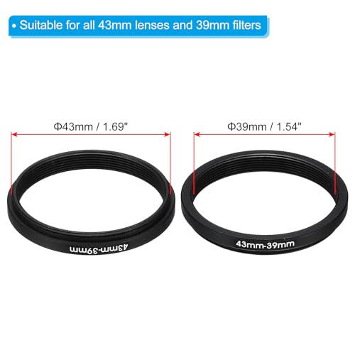 43mm-39mm metalen Lowering Ring met reinigingsdoek, 2st Camera Lens Filter Adapter Ring Aluminium Filter Adapter Ring voor Camera Ones, Cap, Zwart
