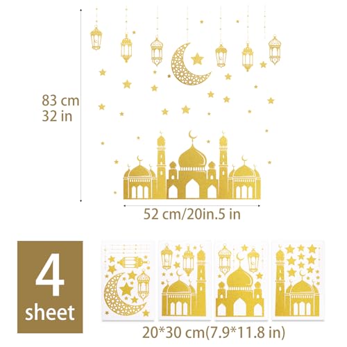 4 Vellen Goud Glitter Eid Mubarak Window Stickers Ramadan Kareem Window Clings voor glazen vensterdecoraties