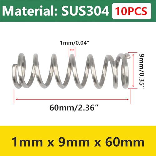 10 stuks Mini roestvrij stalen veren, metalen veren voor vervanging en reparatie, 1 x 9 x 60 mm compressieveren, mechanische compressieveren