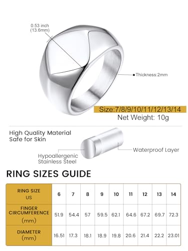 Vintage Signet Ring, Roestvrij stalen vingerring, 13 mm breed voor mannen en vrouwen, Band Ring, Zilver/Goud/Zwart/Vintage Grey, Verlovingsring, Vriendschapsring, Maat 54.4 (17.25-72.3 5