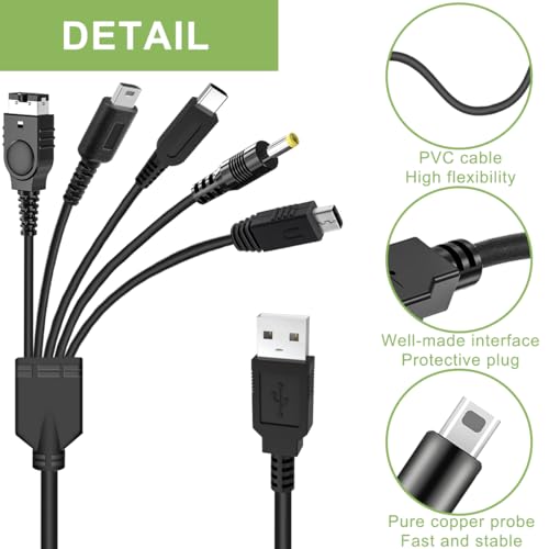 5 in 1 USB Opladerkabelkabel voor DS Lite/Wii U/New 3DS XL/3DS XL/2DS/Dsi XL, NDS/GBA SP, PSP 1000 2000 3000 met capacitieve pen 3