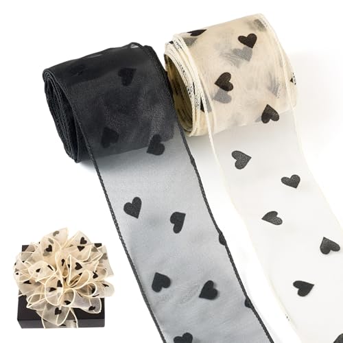 2 Rolls Heart Organza Ribbon 60mm Breed Transparant Polyester Lints Bows Libbons Heart Patterns Chiffon Lints for Gift Wrapping Trouwen, Black/Beige