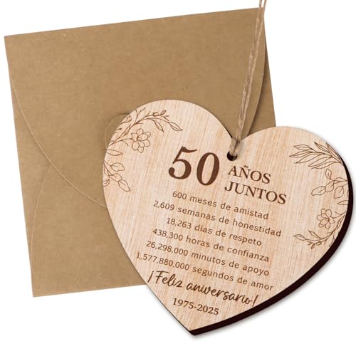Cadeau houten bord voor 50e verjaardag gouden bruiloft met envelop bordje letters 50 Años Spaans