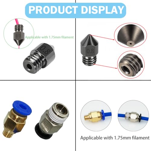 Geharde stalen nozzles, verpakking van 6 gehard staal 0,8 mm met PC4-M6-M10 (1P + 1P), 3 x 1 m Teflon slang, 3 x 0,8 mm Reinigingsstaal Naald en 6 mm sleutel, voor 1,75 mm 4