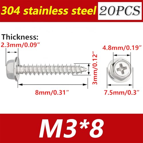 Verpakking van 20 Zelftappende Hex Head Schroeven, 304 Roestvrij staal Hout Schroeven, Kruiskop, Plate Schroeven voor Plastic, gipsplaten, M3 x 8 mm