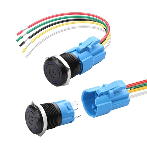 IP67 Waterdichte metalen drukknop - 9-24V 5A Blauw LED-autoontstekingsschakelaar met roestvrijstalen behuizing en voorbekabelde Plug Socket (2-pack)
