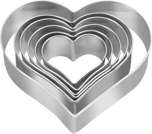 Verpakking van 6 Silver Heart Cutters, 430 Roestvrij stalen Cutters, Cutters, Harten, Wasbaar, voor koekjes, Fudges, Broodvruchten