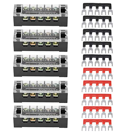 Klemstrip klemframe, 5 stuks Twee rijen 5 posities 600V 15A Schroef Terminal Blok + 10 Voorgeïnsoleerde Clamp bescherming Strips voor huishoudelijke apparaten Elektronische circuits Machines (5 posities) Ers
