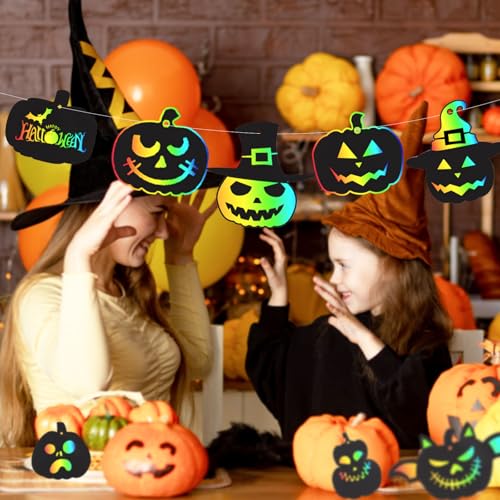 48 stukken Kraspapier voor Halloween Pompoen Kids Kraspapier Regenboog met Bamboe Pennen en Lint voor Hang Halloween Gift DIY 5