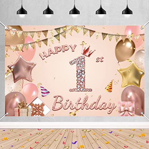 1e verjaardag meisje decoratie, banner 1e verjaardag roos goud, 1e verjaardag bord, verjaardag decoratie 1e verjaardag achtergrond banner voor meisjes