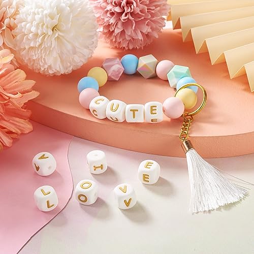 52 st Siliconen Alfabet Kubus kralen 12x12mm Vierkante Siliconen kralen met gouden alfabet brief A~Z voor DIY sieraden armband maken, Gat: 2mm 4