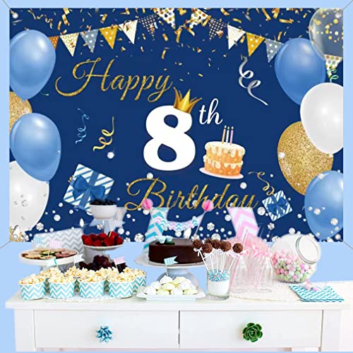 8e verjaardag decoraties voor jongen/meisje, 8 jaar oude achtergrond Banner Stof Tekenposter, Gelukkig 8e verjaardag partij levert Blue Photography Achtergrond Welkom Teken, 150cmx90cm 5