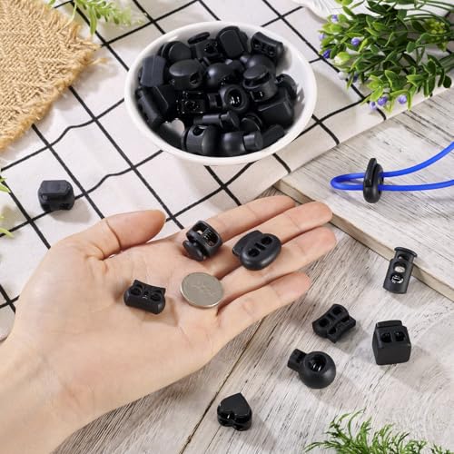48st Cord Locks Spring Tumble Black Plastic Cord End Locks 8 Styles Legering koord Schakel Ends Sluiting Knoppen Rocker Sliders voor Trekkoord Rugzak Schoenacee 5