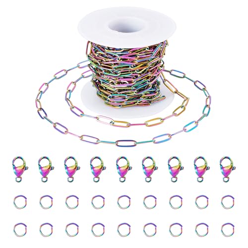 5M Rainbow Kleur Roestvrij stalen Paperclip Kettingen 12x4x1mm Metalen Oval Link Kabel Ketting met Jump Rings Klauw sluiting voor DIY armband ketting sieraden maken