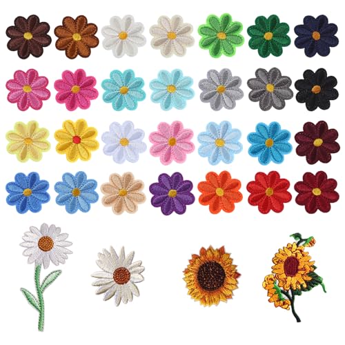 Verpakking van 32 Appliques Patches Decoratieve geborduurde patches Applique set gemengde kleur Daisy zonnebloemen ijzer op patches Naaien Bloem Reparatie Patch voor DIY