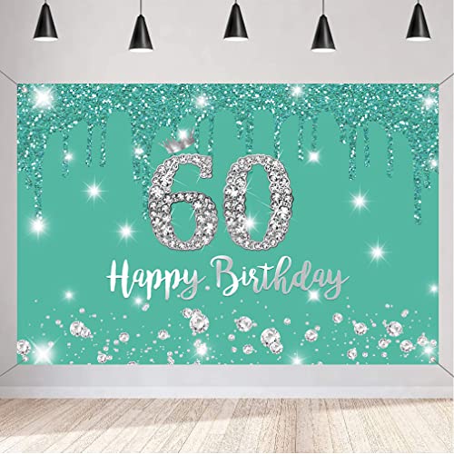 Happy 60th Birthday Achtergrond Banner Party Decoratie voor vrouwen, 60 jaar oude stof Tekenposter, Turquoise Fotografie Achtergrond 60th Birthday Party Supplies, 150x90cm