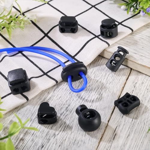 48st Cord Locks Spring Tumble Black Plastic Cord End Locks 8 Styles Legering koord Schakel Ends Sluiting Knoppen Rocker Sliders voor Trekkoord Rugzak Schoenacee