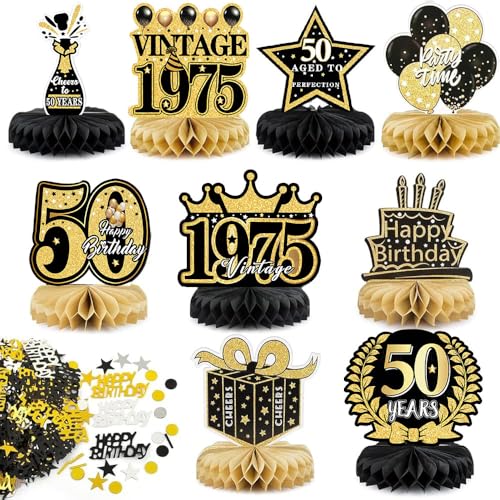 Pak van 9 verjaardag decoratie 50 jaar honingraat confetti goud zwart vintage stijl geschenk voor 50 jaar feest