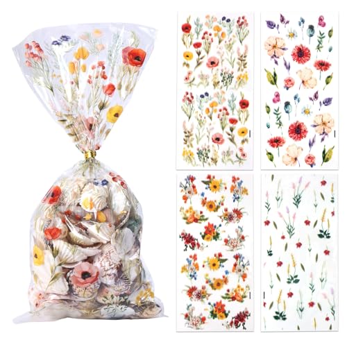 100 st Wildflower Candy Cookie Tassen, 4 stijlen Patroon Bloemen Lente Goodie Tassen met Bowties Wilde bloemen als decoratie voor een verjaardag bruiloft of partij (Wissen)