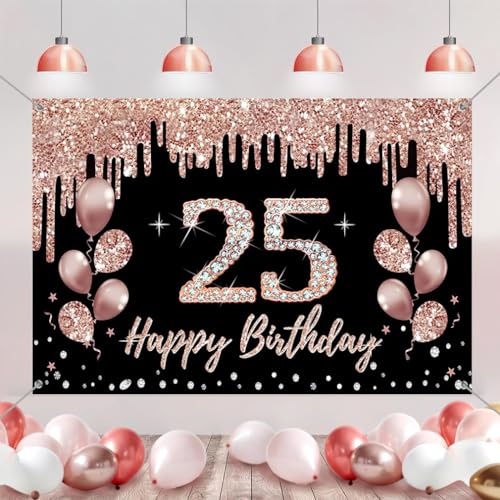 25e verjaardag decoratie voor meisjes, feest decoratie zwart en roos goud, 25e verjaardag stof teken opknoping poster, 25e verjaardag achtergrond banner partij welkom teken 5