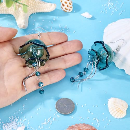 Kwallen van glas Wind Chime Dangle oorbellen met gebogen Drop Bar Charms Tassel Kettingen Ocean Theme Dangle oorbellen voor DIY oorbellen sieraden hangende decor, teal, glas 5