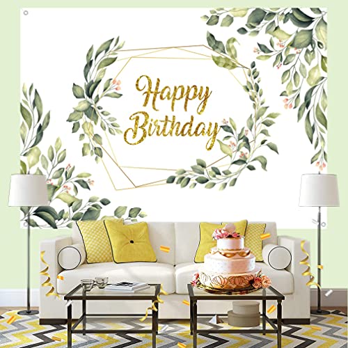 Verjaardagsdecoraties voor vrouwen, Goud Eucalyptus Green Leaves Achtergrond Banner, 30ste 40ste 50ste 60ste 70ste 80ste 90ste verjaardag foto achtergrond, Party Supplies, Welkom Teken, 150cmx90 5