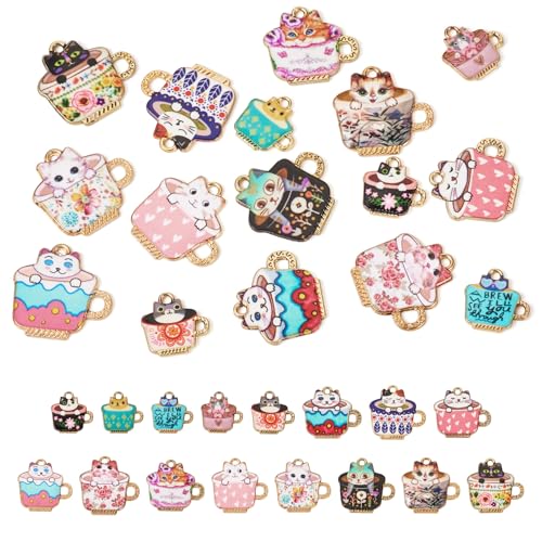 16 st Cat Emaill Bedels voor sieraden het maken van kitten met koffie Cup bengelen Bedels huisdier dierlijke Legering Hangers Bulk voor ketting vrouwen armband oorbellen ambachtelijk DIY, metalen Emaill, Geen edelsteen