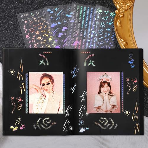 Holografische Deco Stickers voor fotokaarten, 24 vellen, Shiny Koreaanse Fotokaart Stickers, Self-Adhesive Clear Glitter Stickers, Star Moon Butterfly Musical Stickers voor 4
