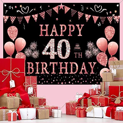 Happy 40th Verjaardagsfeest decoratie achtergrond Banner voor vrouw Gelukkig 40 jaar oude stof Tekenposter, Glitter Rose Fotografie Achtergrond 40e verjaardagstabel Decoratie, 150cmx90cm 4