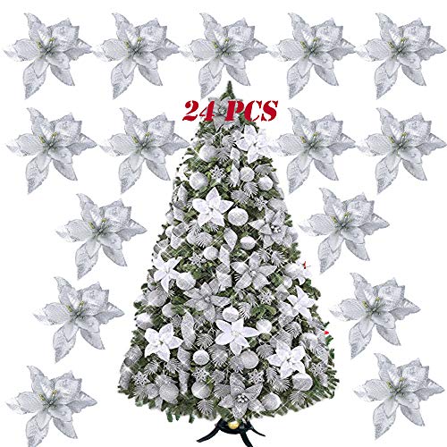 Kerst Bloemen 24 Pieces Zilver Glitter Kunstbloemen Ornamenten Kerstboom Decoratie Kerstmis Krans Decoratie voor kerstbomen Advent Kralen