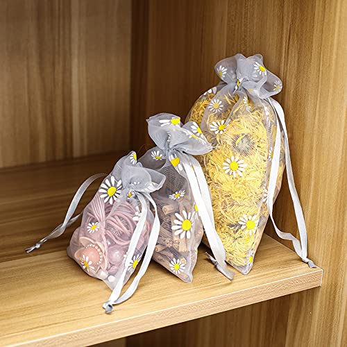 Verpakking van 10 Organza zakken, 16 x 23 cm, Daisy Pattern, Mesh Organza Bags, Drawstring Cadeautas voor Lavendel, sieraden, make-up, snoep, bruiloft, christenen, Kerstfeest, Cadeautas, Geel 5