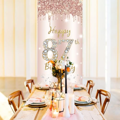 87e verjaardag decoratie vrouwen, Happy 87th Birthday deur banner roségoud, 87e verjaardag stof bord poster deurdecoratie, 87e verjaardag achtergrond banner dames, verjaardagsfeest welkomstbord 5