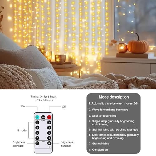 300 LED licht gordijn voor binnen en buiten gebruik met 10 haken, 3 x 3 m lichtmodi, buiten licht gordijn voor buiten, binnen en buiten, USB, waterdicht, warm wit, voor Kerstmis, raam, Party