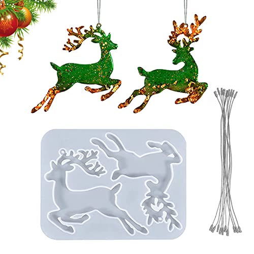 Kerstmis Resin mallen, Elk Shaped Kerstmis Siliconen mallen Kerstmis Resin Hanger met 10 Zilveren Draad Lanyards voor Kerstmis Boom Ornament Decoratie Keychain DIY Cadeau