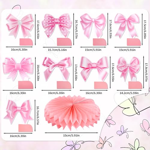 9 st Pink Bow Honingraat Middenstukjes, Bowknot Centers voor tafel roze Bow Paper Cutouts Coquette verjaardag decoraties voor meisjes vrouwen bruiloft bruidsdouche engagement