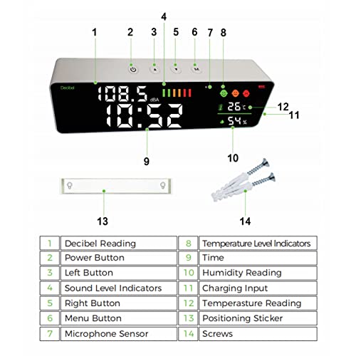 11in LED Noise Level Meter met Temp Humidity Clock Decibel Meter 4 in 1 voor DB Temp Humidity Tester Noise Level Meter voor Classroom Studio Home