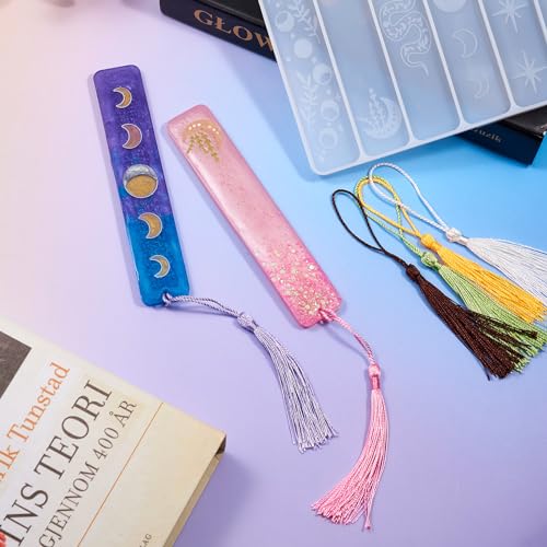 11Stuks Maan Fase Bladwijzer Siliconen mallen Rechthoek 3D het maken van bladwijzer vormen Ster UV-hars mallen met 10 stuks Tassels voor ambachten, sieraden het maken van decoratie