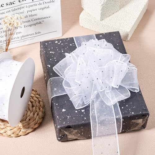 Witte lint strass puur lint polyester lint organza lint Bedraad lint voor ambachtelijke bloemen inpakken kerst strikjes bruiloft vakantie decoratie, 38mm 4