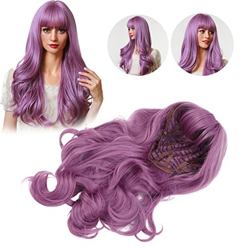 Lange golvende pruik voor vrouwen natuurlijke synthetische pruiken op hoge temperatuur mode golven pruik met benen voor Cosplay kostuum Halloween Party Daily Wear (Paars) 5