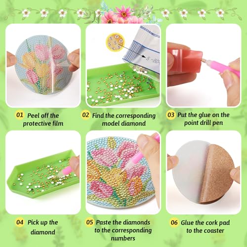 8Pcs Diamond Painting Coaster Bloemenpatroon 5D Diamond Art Coaster Cup Mat Kits met gereedschap voor DIY Cup Drinkt Coakers Bureau Decoraties 3