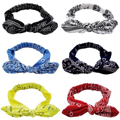 6 stukken Elastische Paisley Bandanas Boho Knot Retro hoofdbanden Breed verstelbaar haar boog decoratie leuke konijn oor hoofdbanden accessoires voor meisjes vrouwen Yoga make-up sport