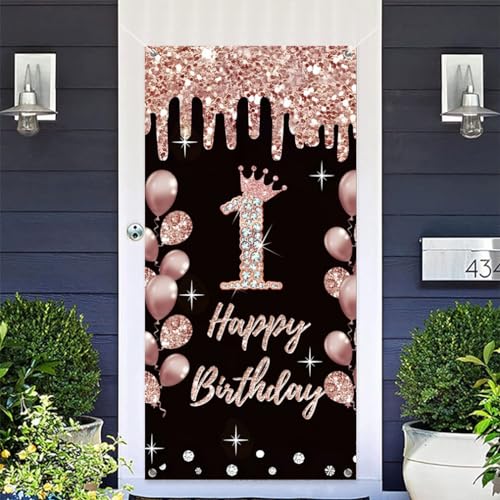 1e verjaardag decoratie voor meisjes gelukkig 1e verjaardag poster deur banner zwart en roze stof teken muur / deur banner 1e verjaardag achtergrond banner meisjes verjaardag feest welkom teken 4