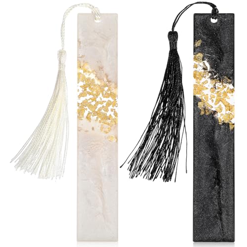 2 st Glittering Resin Tassels Bladwijzers, Handgemaakte Transparante Bladwijzer met kleurrijke Tassels voor Volwassenen Vrouwen Meisjes Lezen Lover Gift (Zwart, Wit)