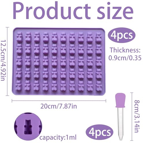 Rubber Bear Shape Siliconen, Verpakking van 4 Siliconen vormen Gummy Bears met 4 Droppers, Set van 50 Siliconen Candy vormen voor chocolade vormen, Jelly, Gummy Bears
