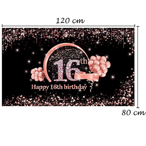 16th Birthday Girl Decoration - Banner Black and Rose Gold, Happy Birthday Fabric Sign Poster, Achtergrond voor verjaardag partij 5