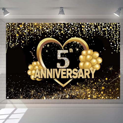 Gelukkige 5e verjaardag achtergrond decoraties, gelukkig voor 5 jaar verjaardag Banner, 5e bruiloft Party Poster Accessoires Stof Tekenposter, Black Gold Anniversary Cookies Foto Achtergrond